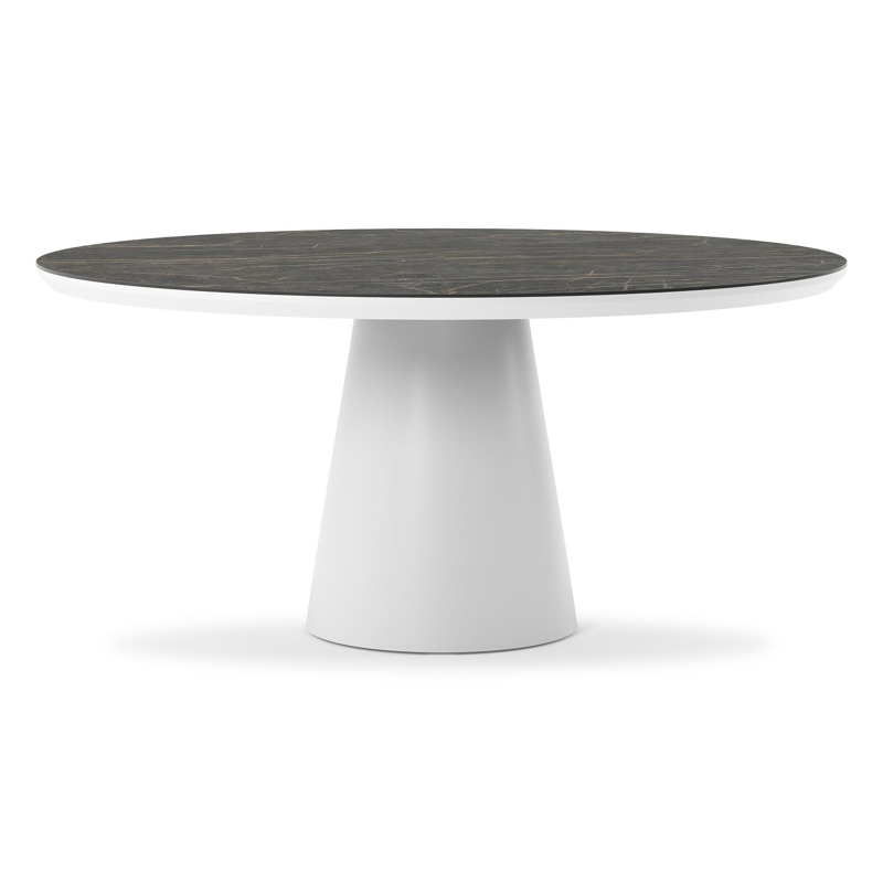 Table de jardin Donato ronde en aluminium blanc et céramique pleine Black Obsession - Diam. 148 x Haut. 75 cm