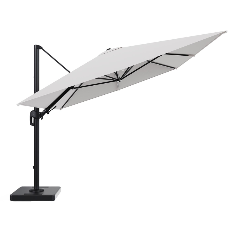Rufina zweefparasol tiltfunctie in zwart aluminium en parasoldoek in All Weather Solica Ego Eggshell - L1 400 x L2 300 cm met parasolvoet Lapido 160 kg