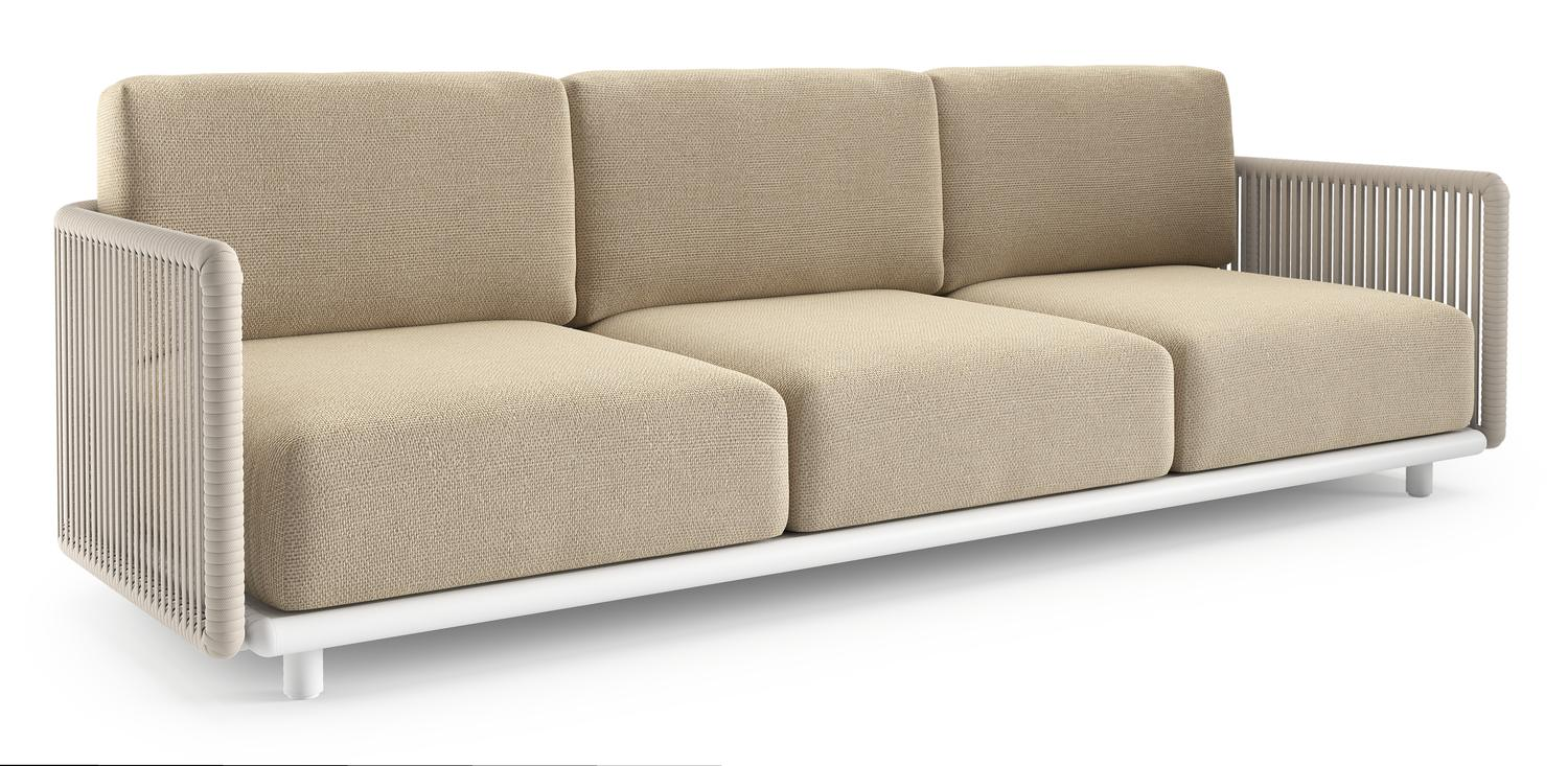 Organo loungebank in wit aluminium en beige verticaal geweven luxe vlakke rope met althea camel all weather Cosytica kussen