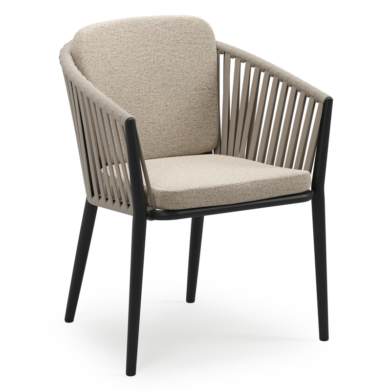 Orso stapelbare tuinstoel in zwart aluminium en beige verticaal geweven luxe vlakke brede rope met stoelkussen in All Weather Cosytica Marbella Beige