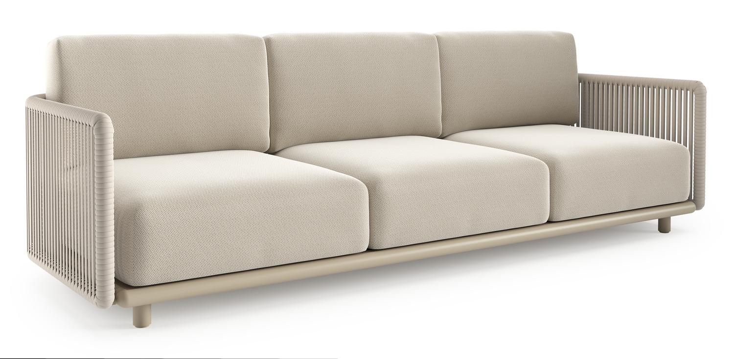 Organo loungebank in beige aluminium en beige verticaal geweven luxe vlakke rope met lopi marble all weather Sunbrella® luxe kussen