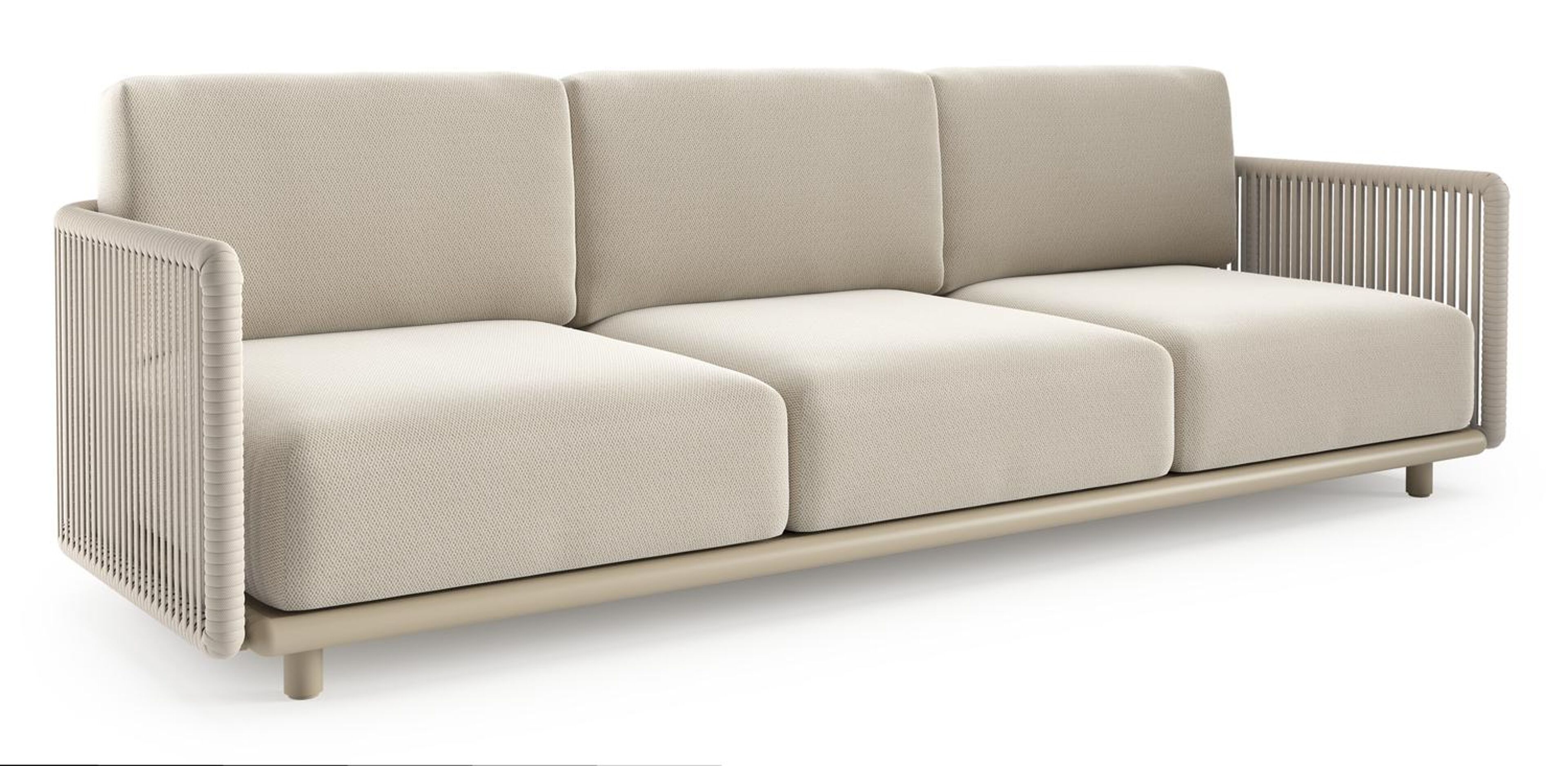 Organo loungebank in beige aluminium en beige verticaal geweven luxe vlakke rope met lopi marble all weather Sunbrella® luxe kussen