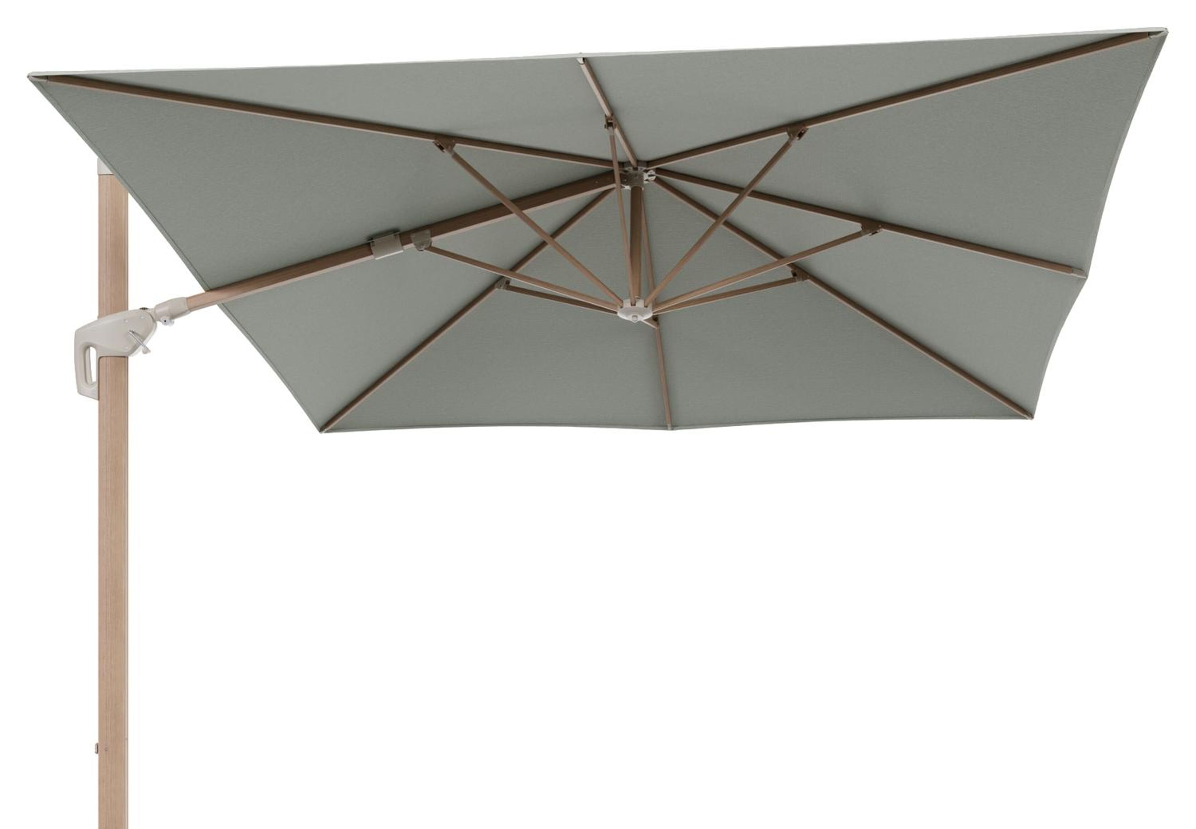 Minore zweefparasol met tiltfunctie in houtlook aluminium en Slow Spirea All Weather Sunbrella® Luxe parasoldoek - L1 350 x L2 350 cm (zonder voet) (zonder voet)