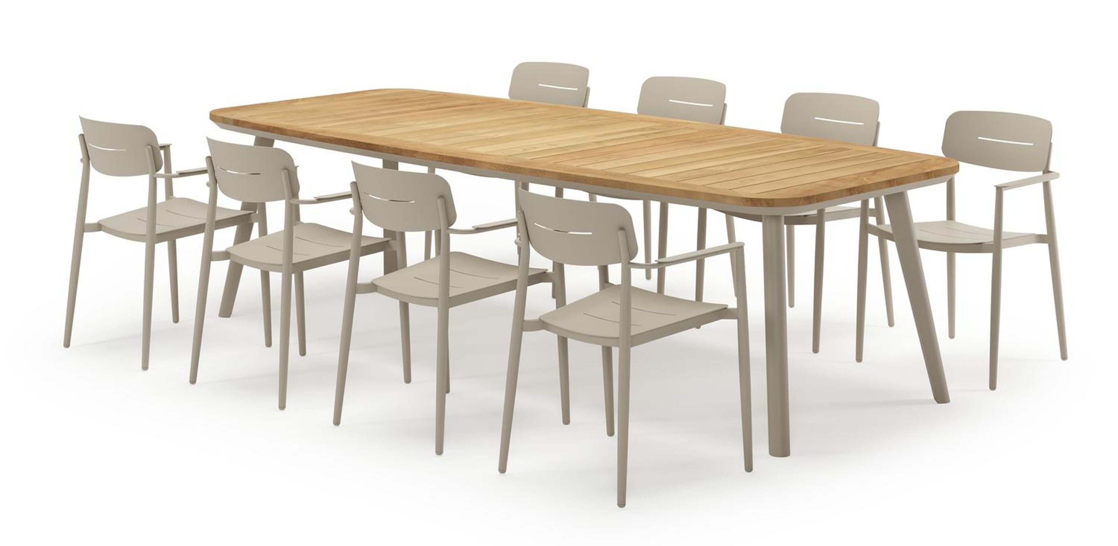 Mosa bootvormige tuinset in beige aluminium en teak natural finish met 8 Cosa tuinstoelen