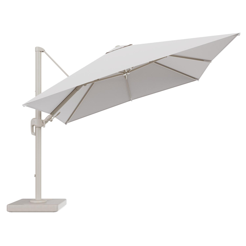 Parasol pendant Rufina avec fonction tilt en aluminium beige et toile de parasol en All Weather Solica Ego Eggshell - Lg.1 300 x Lg.2 300 cm avec pied de parasol Lapido 160 kg