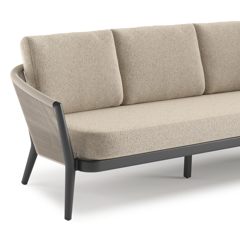 Orso loungeset in zwart aluminium en beige verticaal geweven ronde rope met Bora Desert all weather cosytica kussen