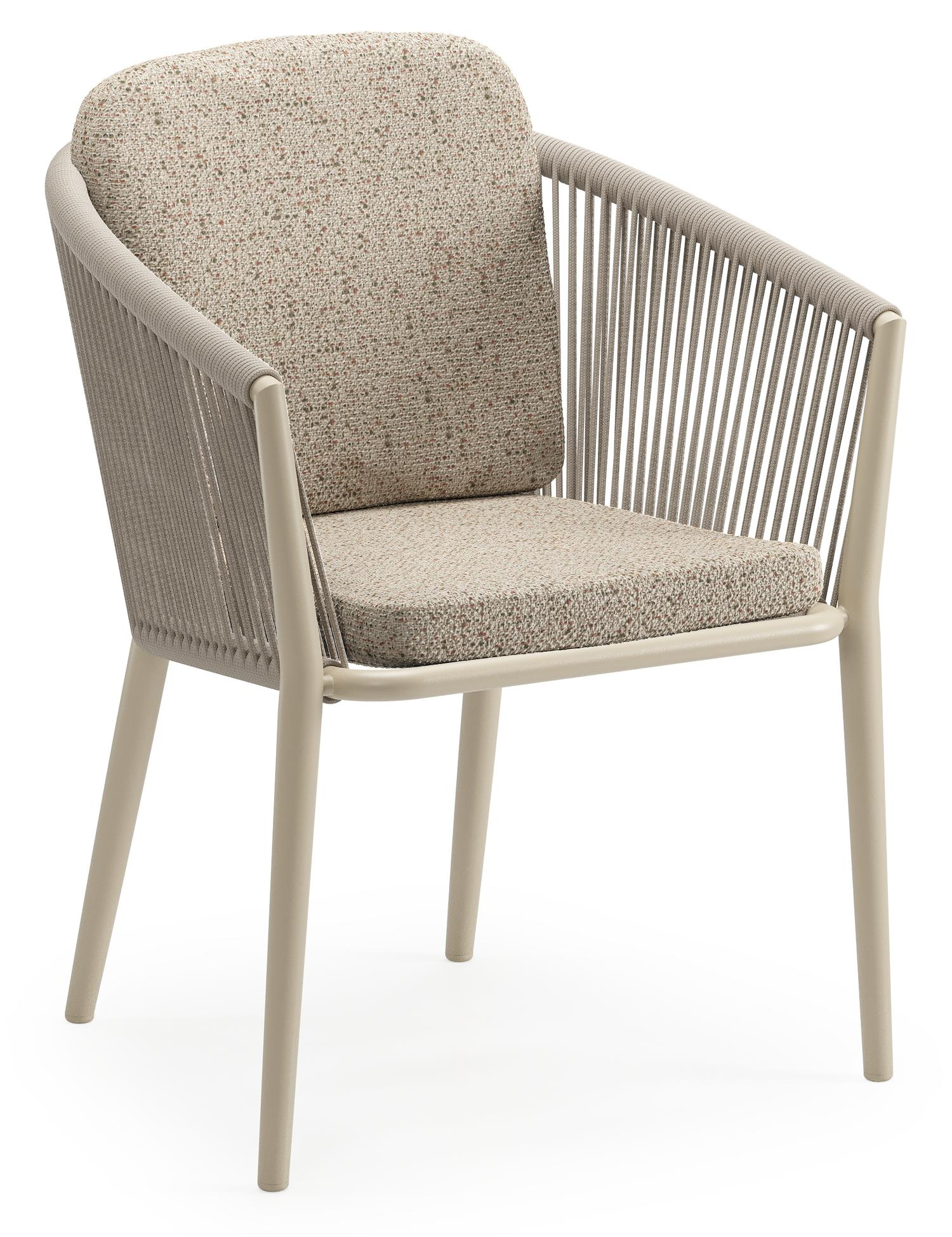 Chaise de jardin Orso en aluminium beige et corde ronde tissée verticalement beige avec coussin luxe en All Weather Cosytica Bora Jungle