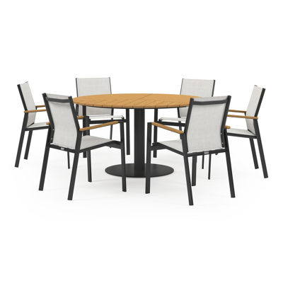 Lagos tuinset in zwart aluminium en naturel polywood tafelblad met 6 stapelbare Bahia tuinstoelen