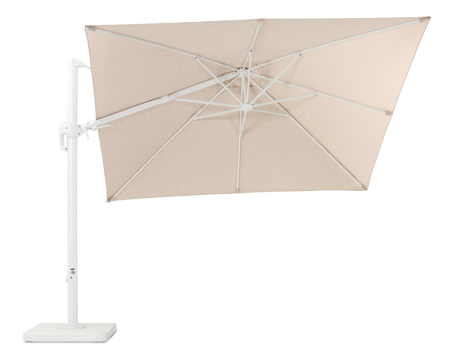 Rufina zweefparasol met tiltfunctie in wit aluminium met beige all weather sunbrella® premium parasoldoek - L1: 300 x L2: 300 cm (met voet)