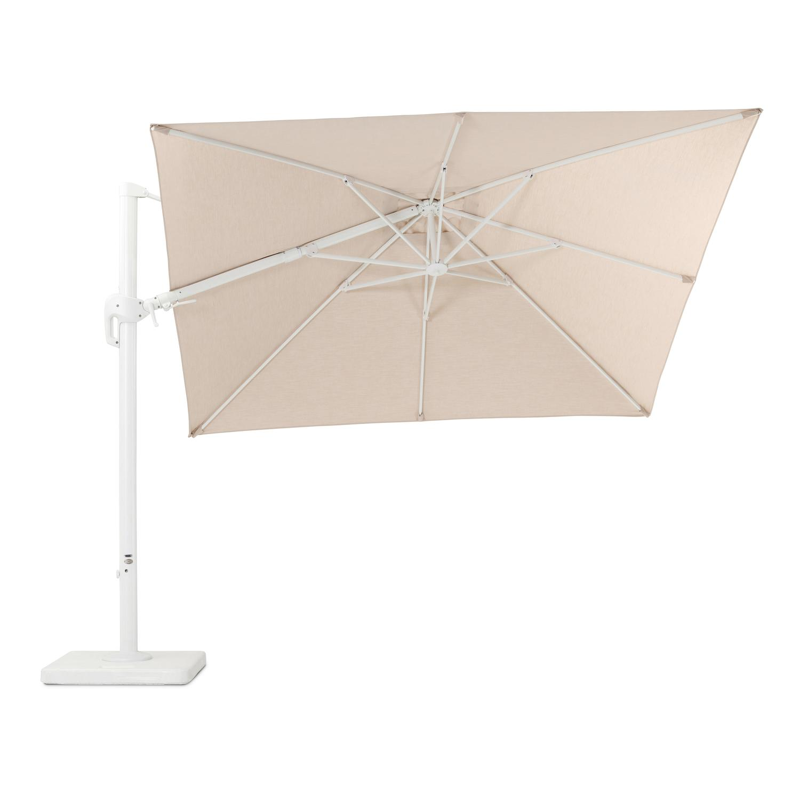 Rufina zweefparasol met tiltfunctie in wit aluminium met beige all weather sunbrella® premium parasoldoek - L1: 300 x L2: 300 cm (met voet)