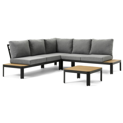 Salon de jardin d'angle Ellara en aluminium noir et polywood avec coussin en gris polyester et table basse