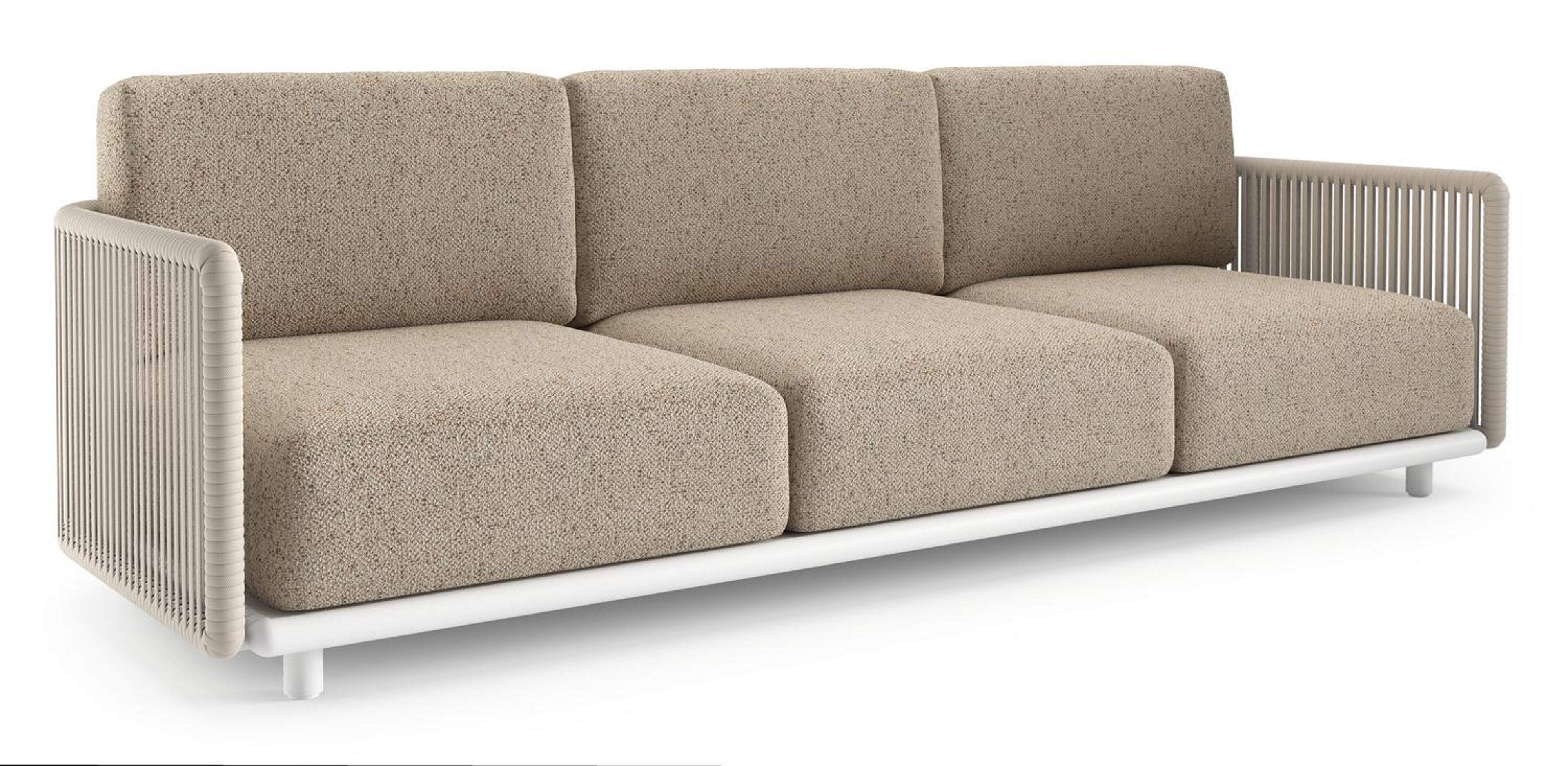 Organo loungebank in wit aluminium en beige verticaal geweven luxe vlakke rope met bora jungle all weather Cosytica kussen