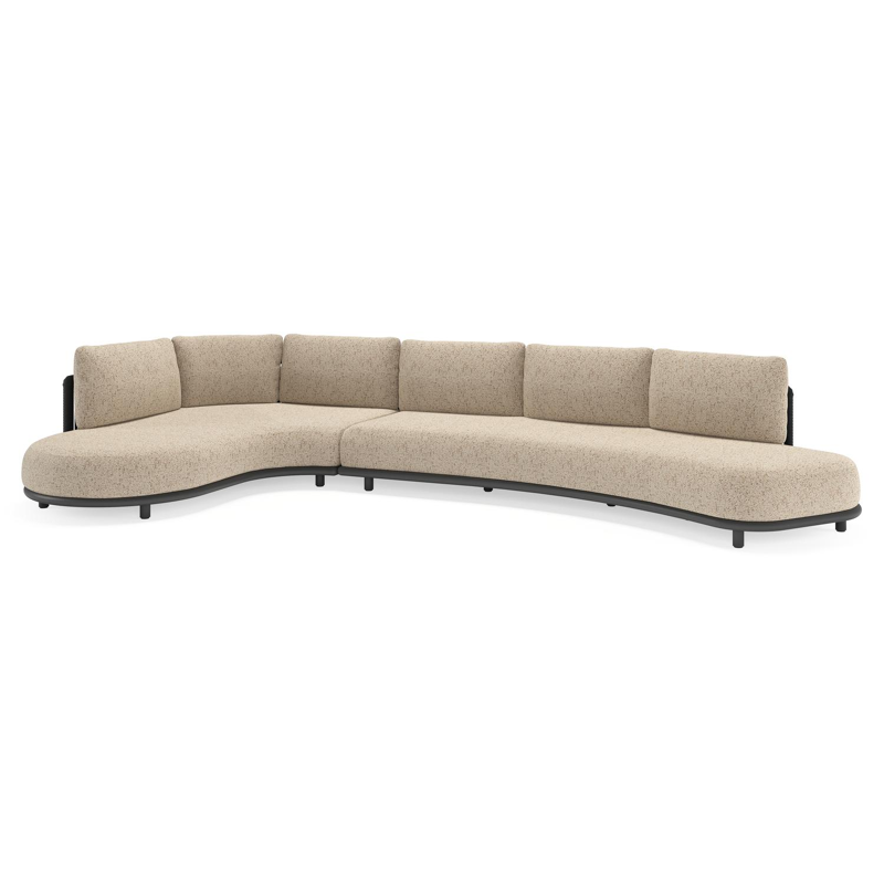 Salon de jardin d'angle Lomano en aluminium noir et corde luxe plate tissée verticalement noir et coussins en all weather cosytica bora jungle