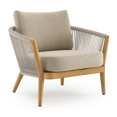 Fauteuil de jardin Orso en tecken corde ronde tissée verticalement beige et coussins en all weather cosytica Bora Forest