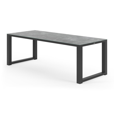 Ensemble de jardin Livo en aluminium noir avec plateau de table en céramique verre gris et 6 chaises de jardin empilables Bareto