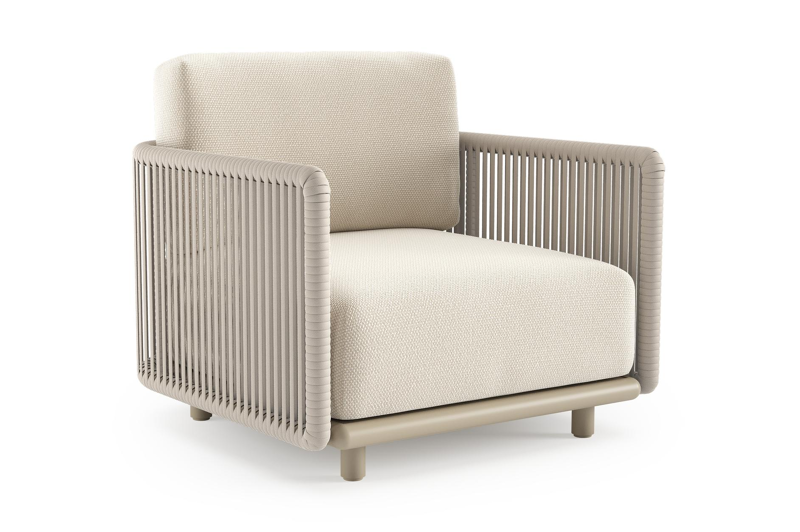 Organo loungestoel in beige aluminium en beige verticaal geweven luxe vlakke rope met althea off white all weather Cosytica kussen