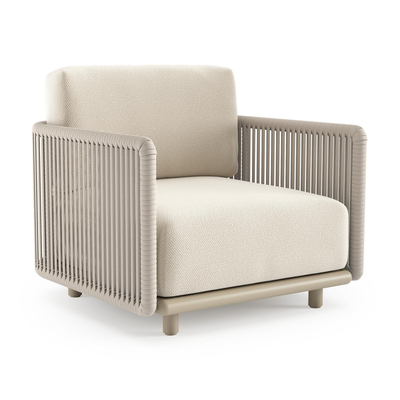 Organo loungestoel in beige aluminium en beige verticaal geweven luxe vlakke rope met althea off white all weather Cosytica kussen