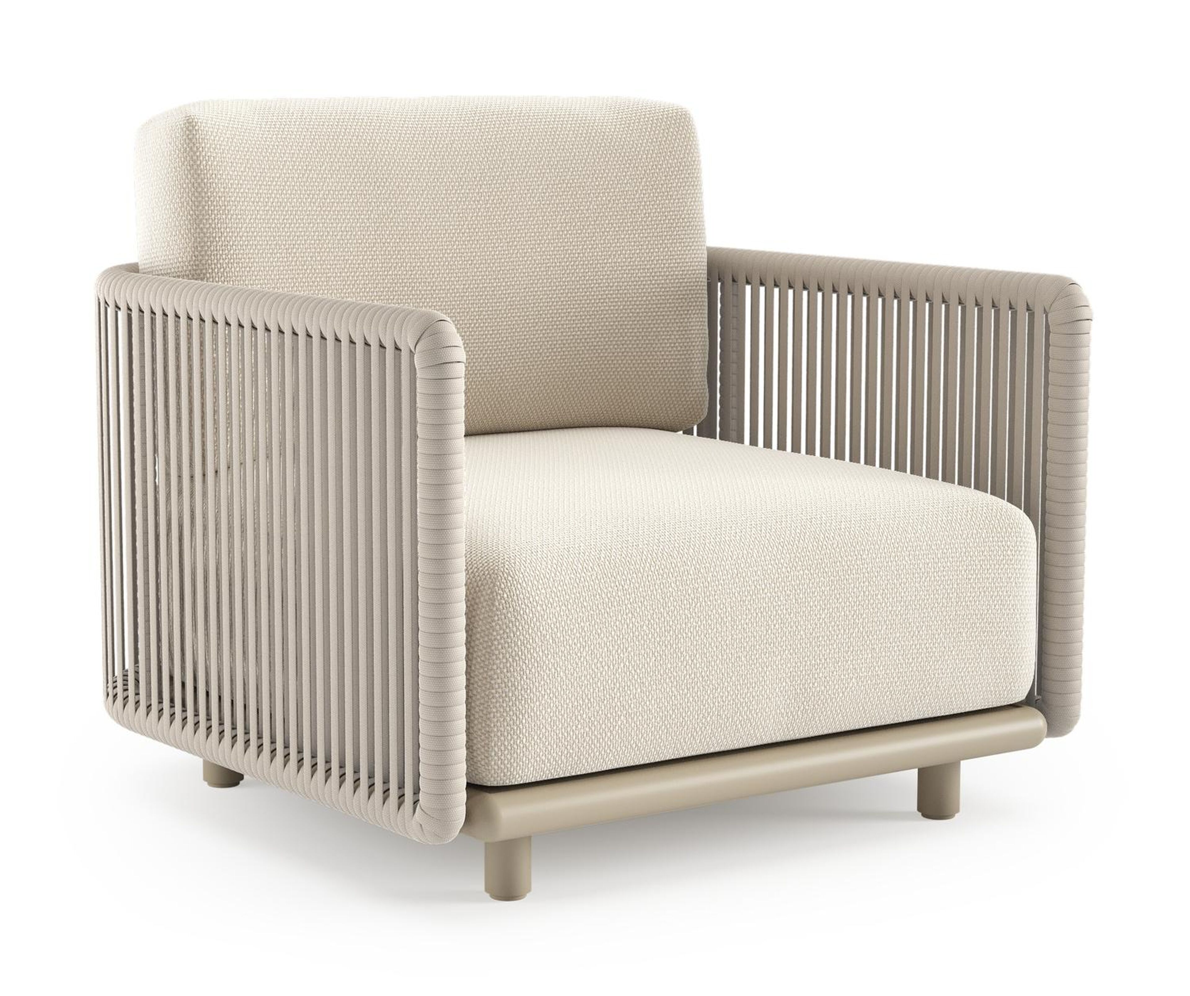 Organo loungestoel in beige aluminium en beige verticaal geweven luxe vlakke rope met althea off white all weather Cosytica kussen