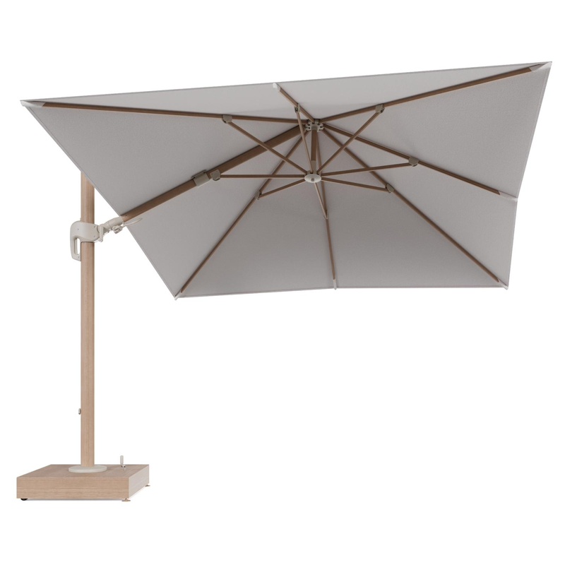 Rufina zweefparasol met tiltfunctie in houtlook aluminium en Ego Eggshell All Weather Solica parasoldoek - L1 300 x L2 300 cm met parasolvoet Minore 150 kg met wielen