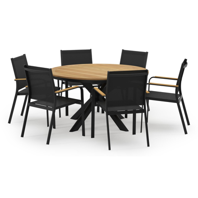 Pamplona ronde tuinset in zwart aluminium en teak naturel met 6 Amalfi tuinstoelen