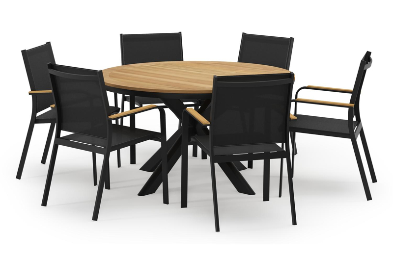 Pamplona ronde tuinset in zwart aluminium en teak naturel met 6 Amalfi tuinstoelen