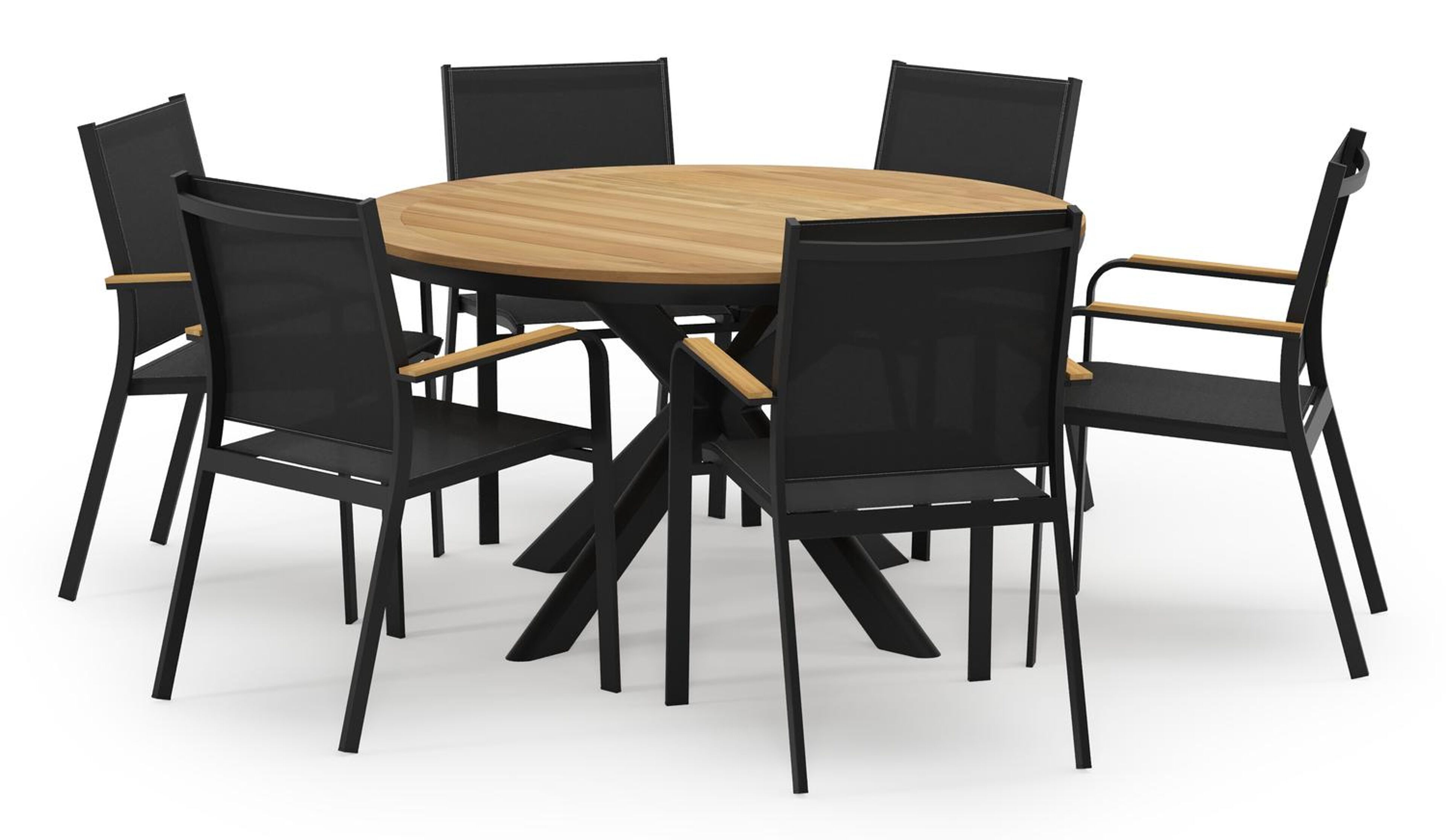 Pamplona ronde tuinset in zwart aluminium en teak naturel met 6 Amalfi tuinstoelen