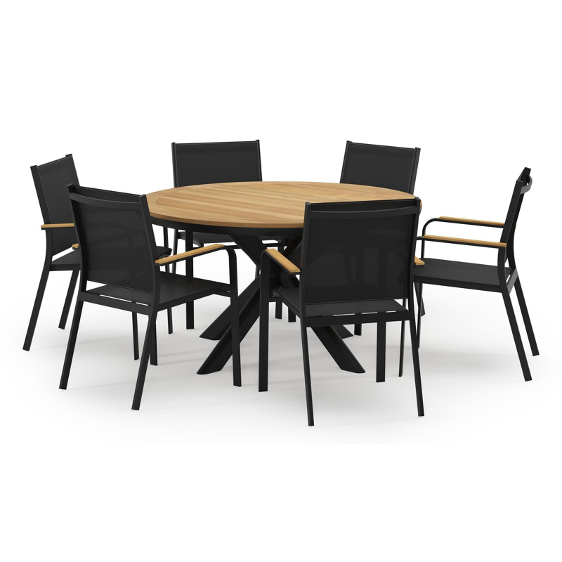 Pamplona ronde tuinset in zwart aluminium en teak naturel met 6 Amalfi tuinstoelen
