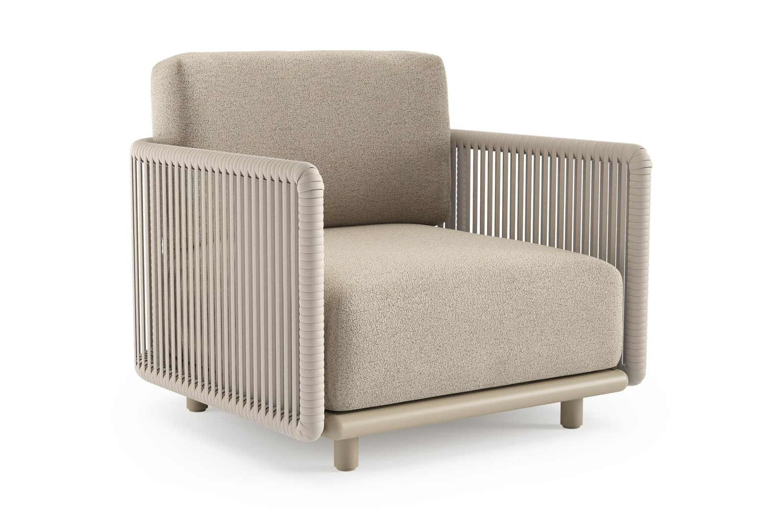 Organo loungestoel in beige aluminium en beige verticaal geweven luxe vlakke rope met marbella beige All Weather Cosytica kussen