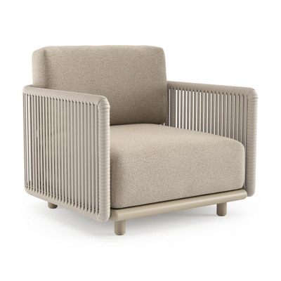 Organo loungestoel in beige aluminium en beige verticaal geweven luxe vlakke rope met marbella beige All Weather Cosytica kussen