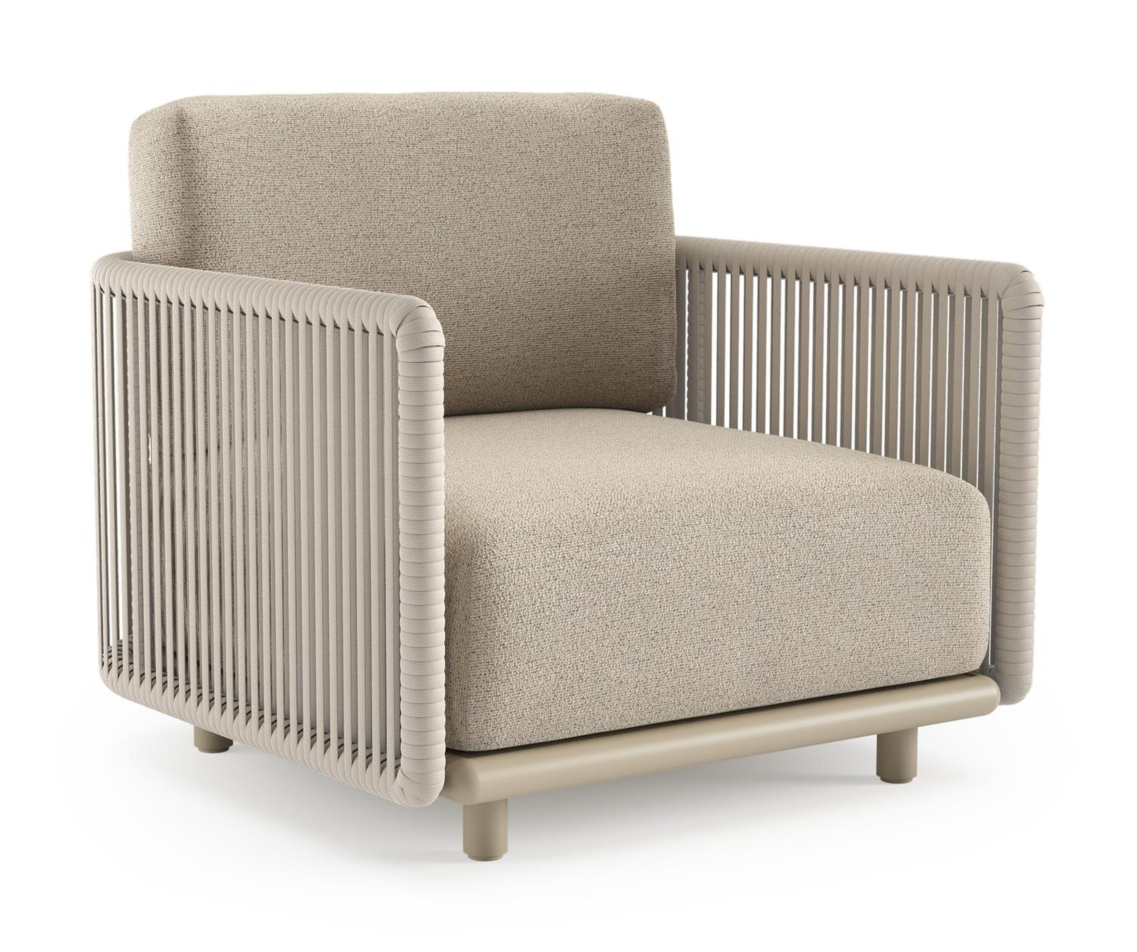 Organo loungestoel 1-zit in beige aluminium en beige verticaal geweven luxe vlakke rope met marbella beige All Weather Cosytica kussen