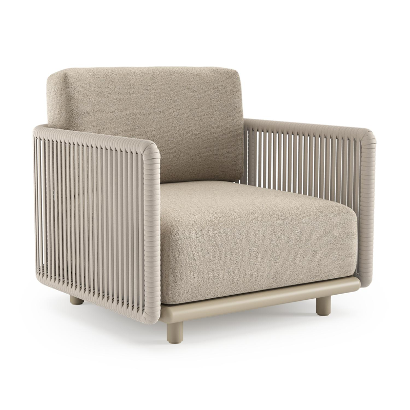 Organo loungestoel in beige aluminium en beige verticaal geweven luxe vlakke rope met marbella beige All Weather Cosytica kussen