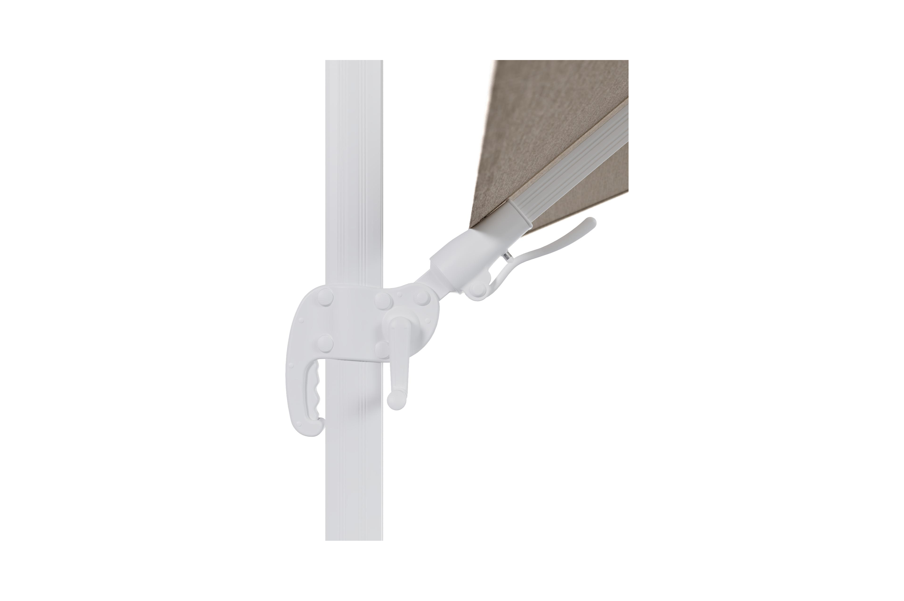 Avola zweefparasol met tiltfunctie in wit aluminium en natural Weather+ Softtouch parasoldoek - L1 200 x L2 300 cm met parasolvoet Avola 90 kg