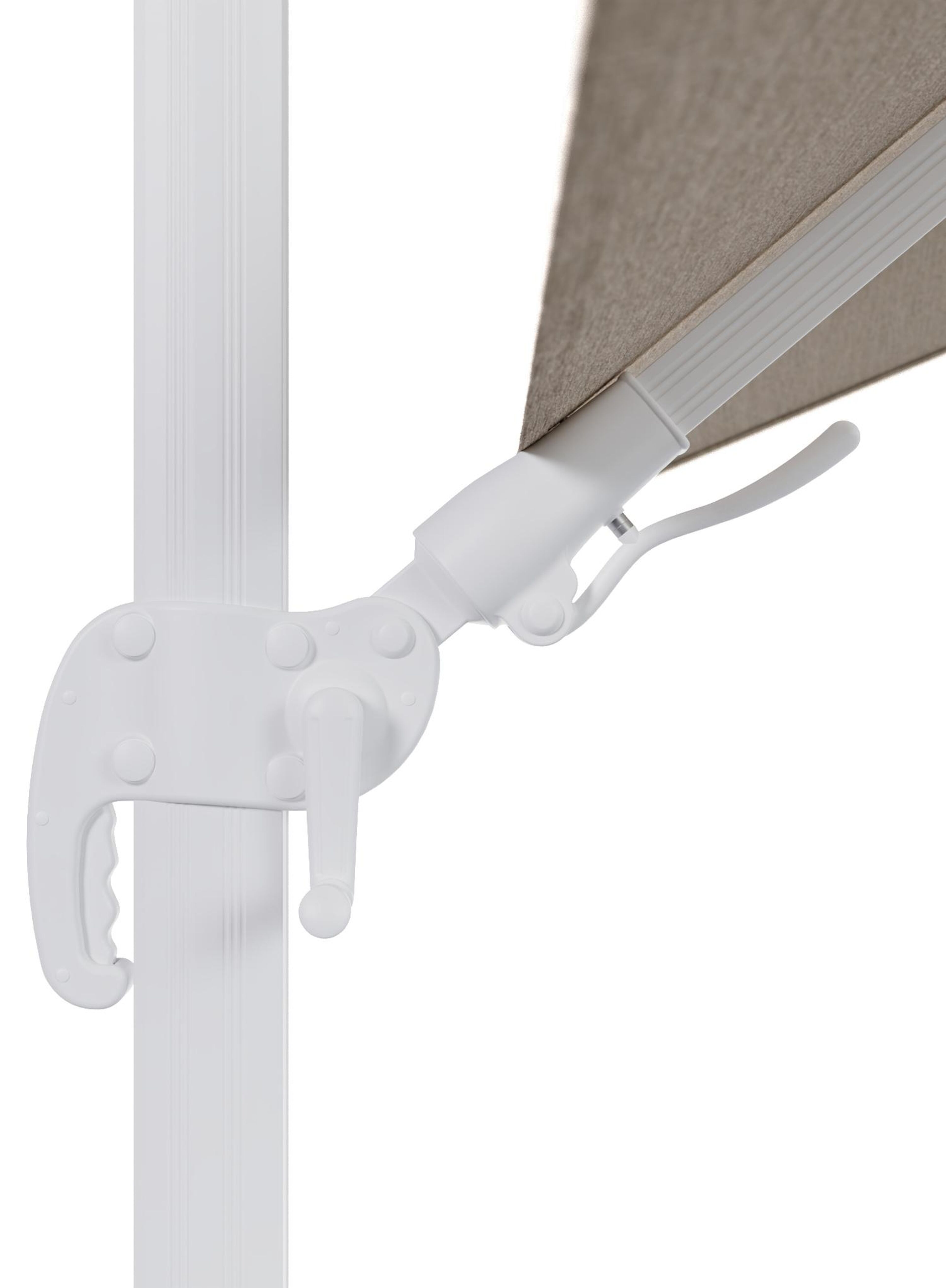 Avola zweefparasol met tiltfunctie in wit aluminium en natural Weather+ Softtouch parasoldoek - L1 200 x L2 300 cm met parasolvoet Avola 90 kg