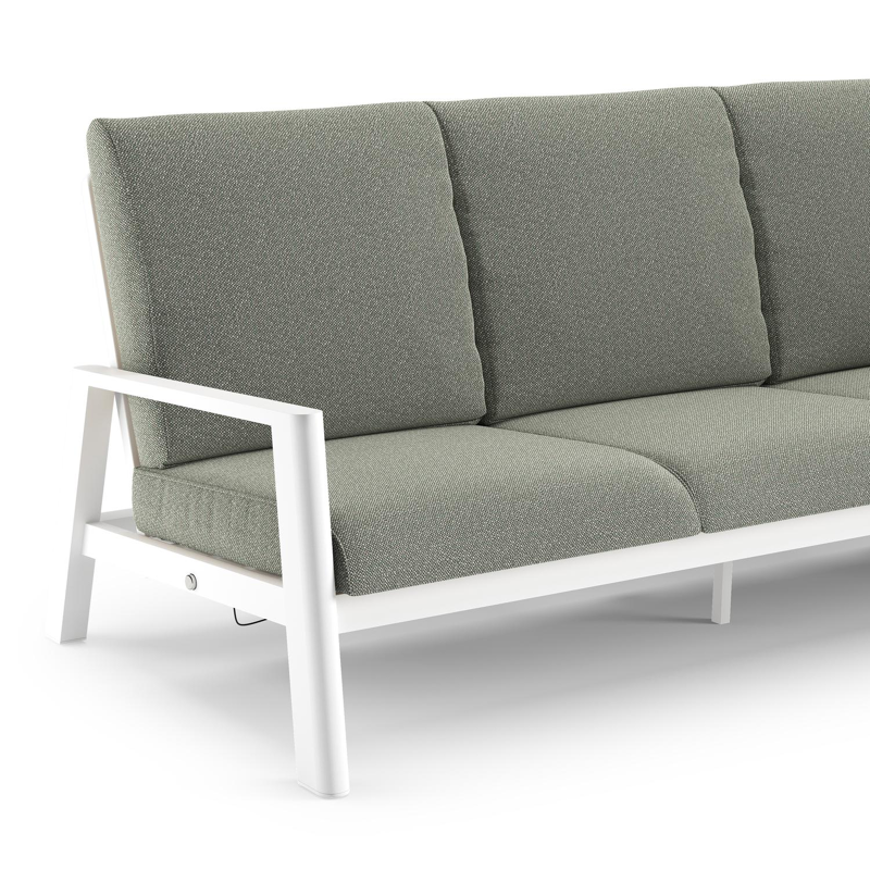 Canapé de jardin Cirello en aluminium blanc et coussins en all weather sunbrella® luxe savane leaf