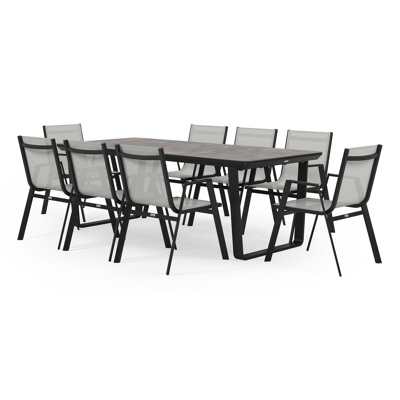 Alora tuinset in zwart aluminium en grijs keramische print tafelblad met 8 stapelbare Oviedo tuinstoelen