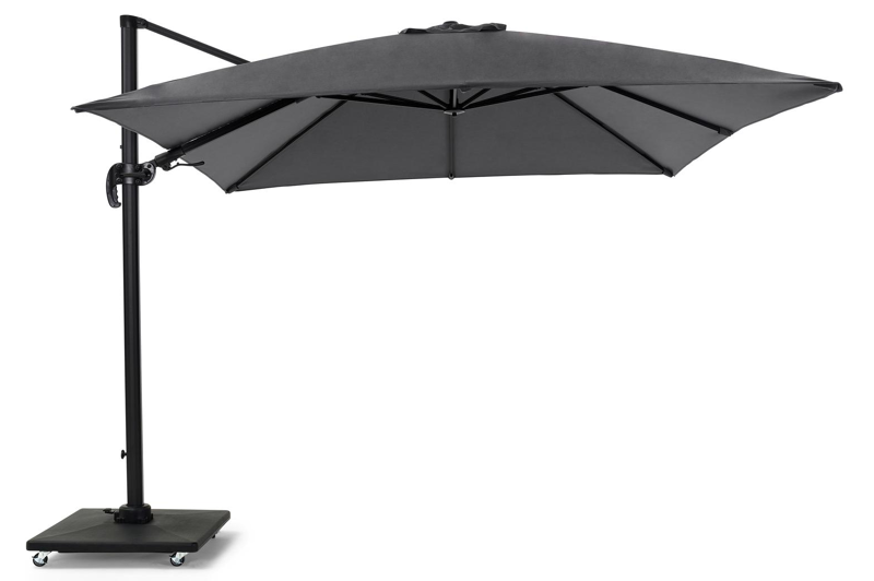 Avola zweefparasol met tiltfunctie in zwart aluminium met grijs weather+ softtouch parasoldoek - L1 300 x L2 300 cm (met voet)