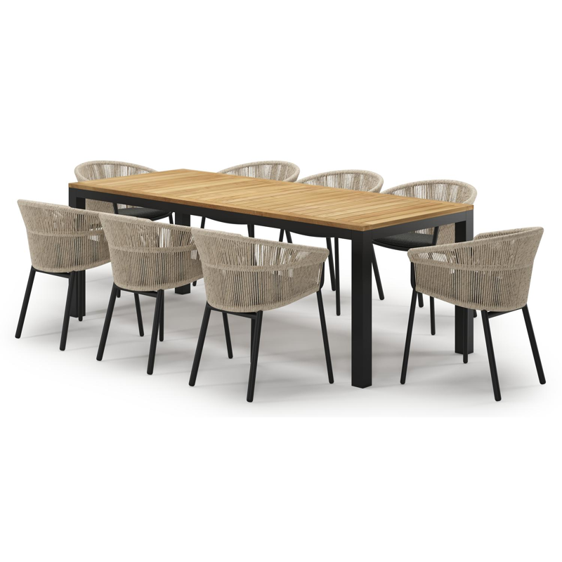 Varese tuinset in zwart aluminium en teak met 8 Matera tuinstoelen