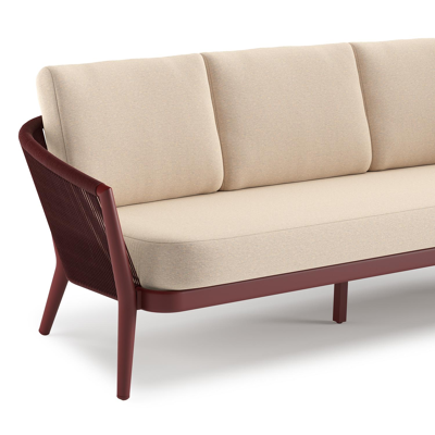 Orso loungeset in ruby aluminium en ruby verticaal geweven ronde rope met Heritage Papyrus all weather sunbrella® luxe kussen