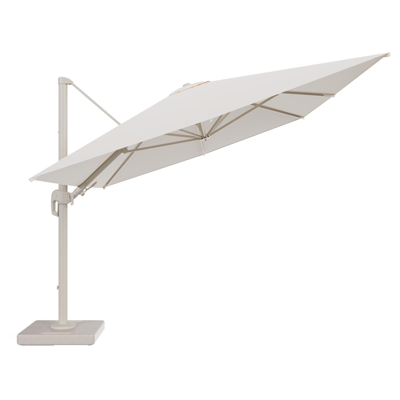 Rufina zweefparasol tiltfunctie in beige aluminium en parasoldoek in All Weather Sunbrella® Luxe Natte Linen Chalk - L1 400 x L2 300 cm met parasolvoet Lapido 160 kg