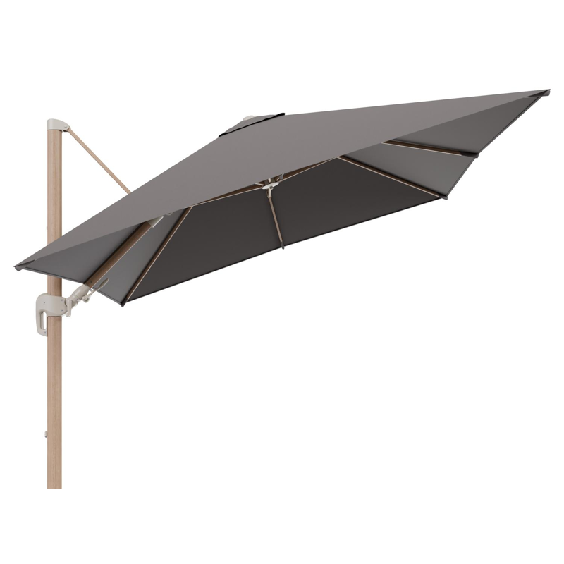 Rufina zweefparasol tiltfunctie in houtlook aluminium en parasoldoek in All Weather Sunbrella® Luxe Natte Nature Grey  - L1 300 x L2 300 cm (zonder voet)