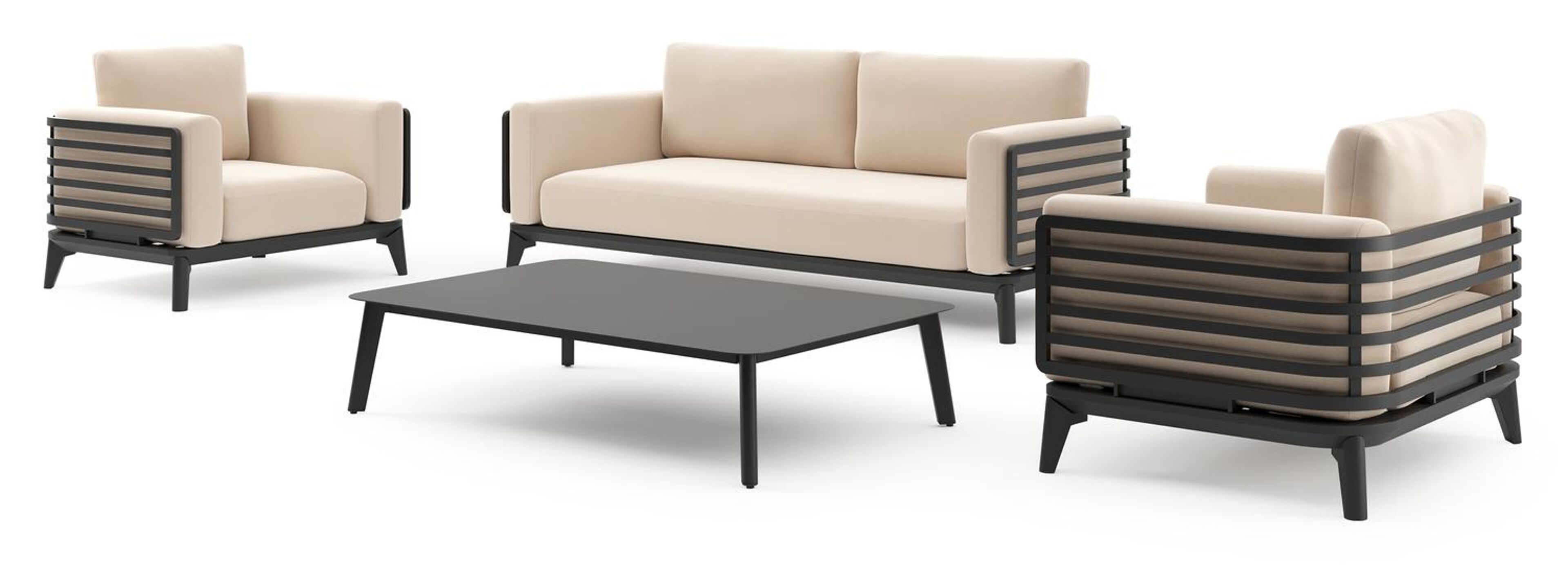 Salon de jardin Mosa en aluminium noir et coussins en all weather sunbrella® premium natte linen chalk et table basse