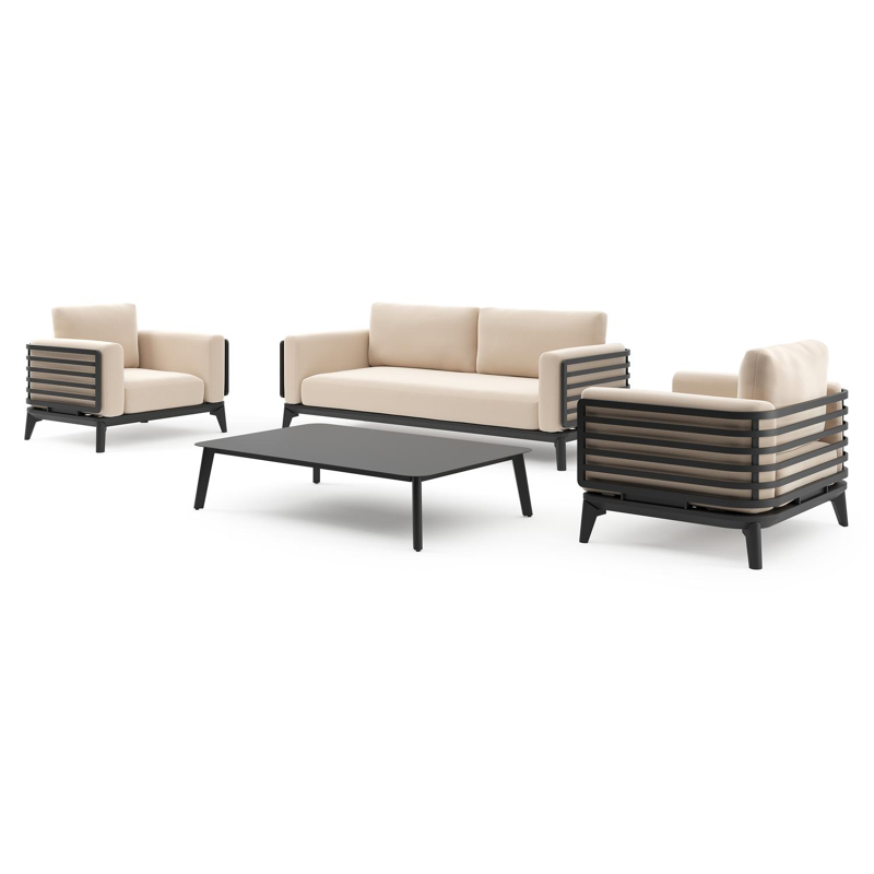 Salon de jardin Mosa en aluminium noir et coussins en all weather sunbrella® premium natte linen chalk et table basse