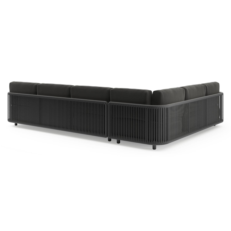 Organo loungehoek in zwart aluminium en zwart verticaal geweven luxe vlakke rope met natte sooty all weather Sunbrella® luxe kussen