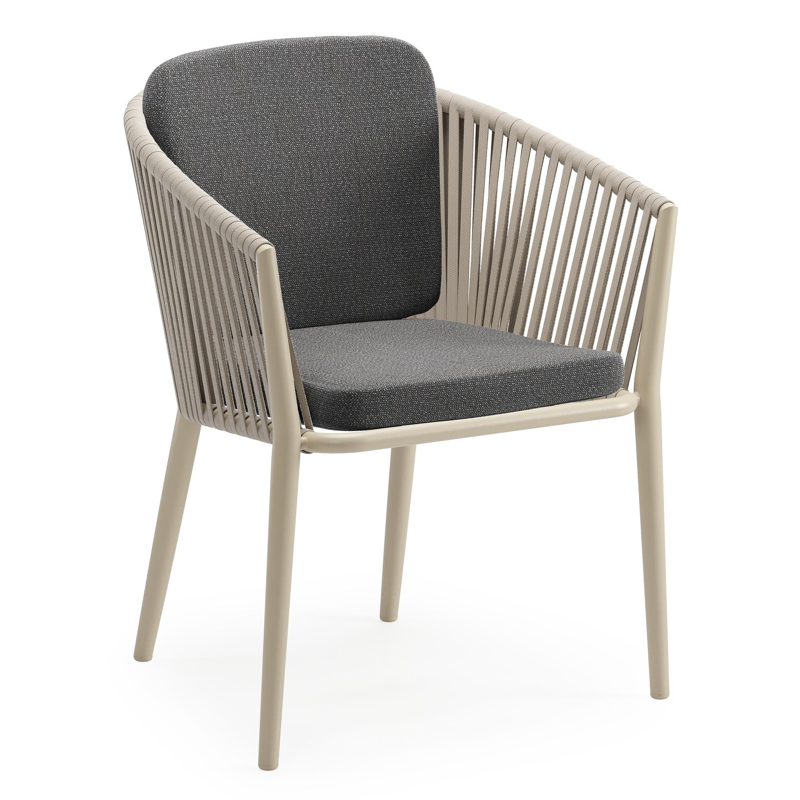 Chaise de jardin Orso en aluminium beige et corde plate tissée verticalement beige avec coussin en All Weather Sunbrella® Luxe Savane Tornado