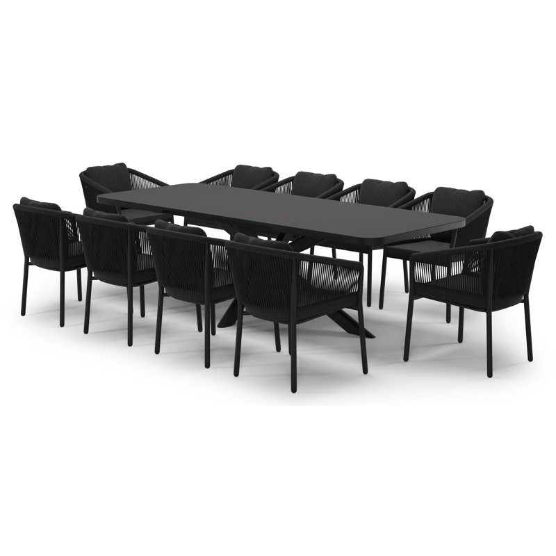 Ensemble de jardin Estella extensible rectangulaire en aluminium noir et sintered stone Notte minerale avec 10 chaises de jardin Gerona