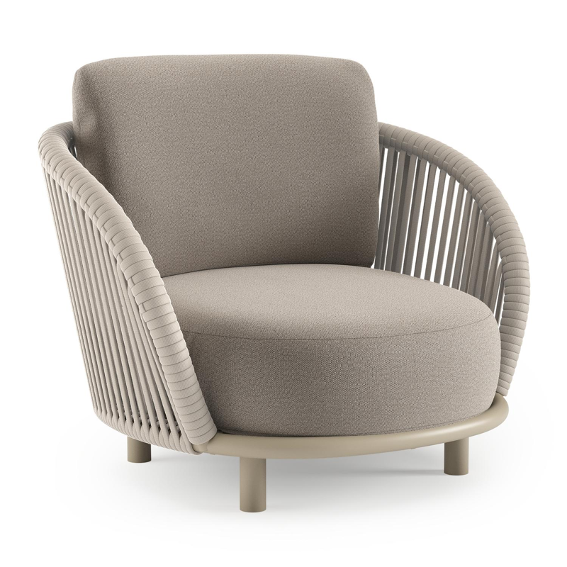 Lupino loungestoel in beige aluminium en beige verticaal geweven luxe vlakke brede rope met savane coconut all weather sunbrella® luxe kussen