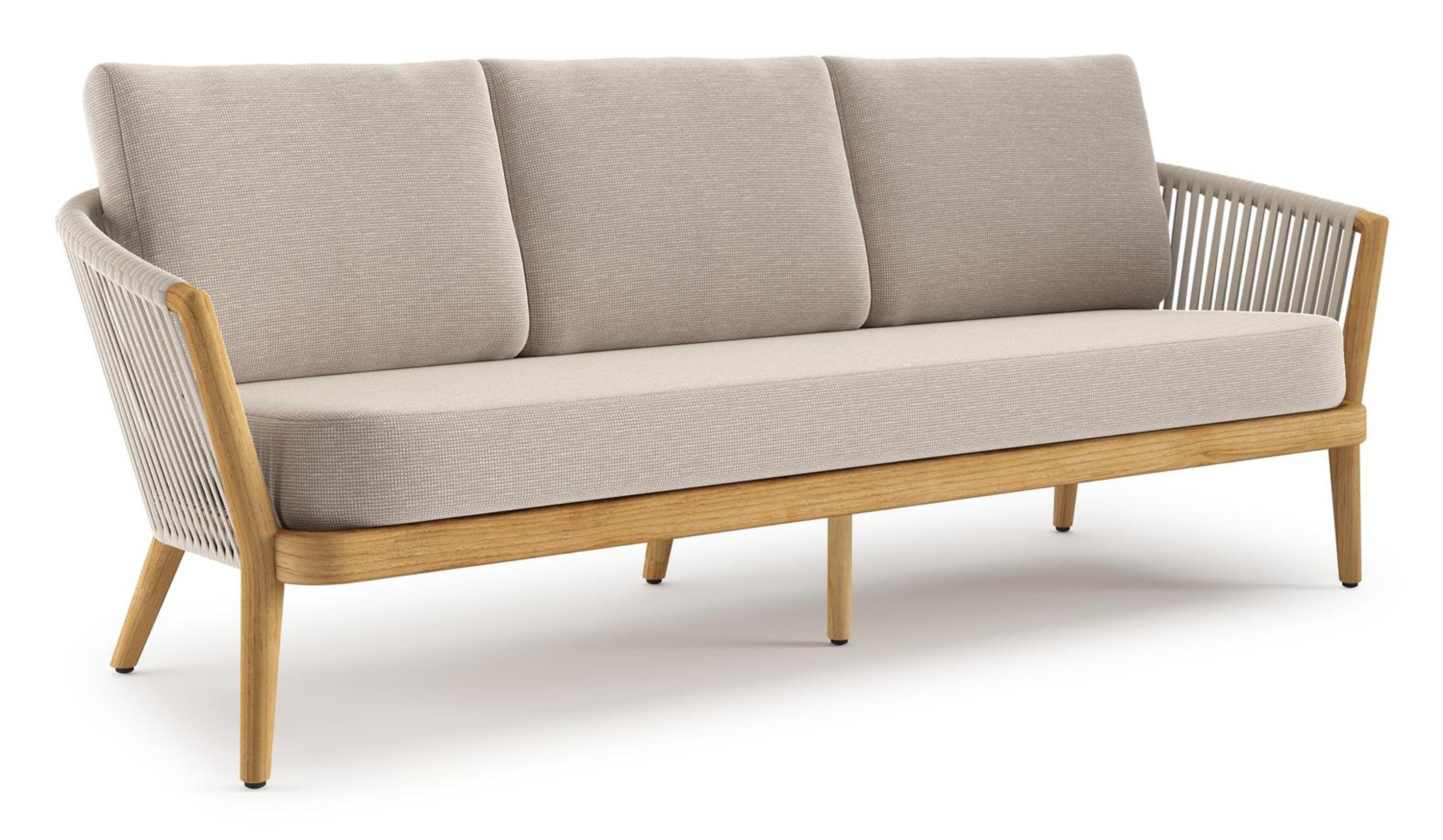 Orso loungebank in teak en beige verticaal geweven luxe vlakke rope met Slow Farafra all weather sunbrella® luxe kussen