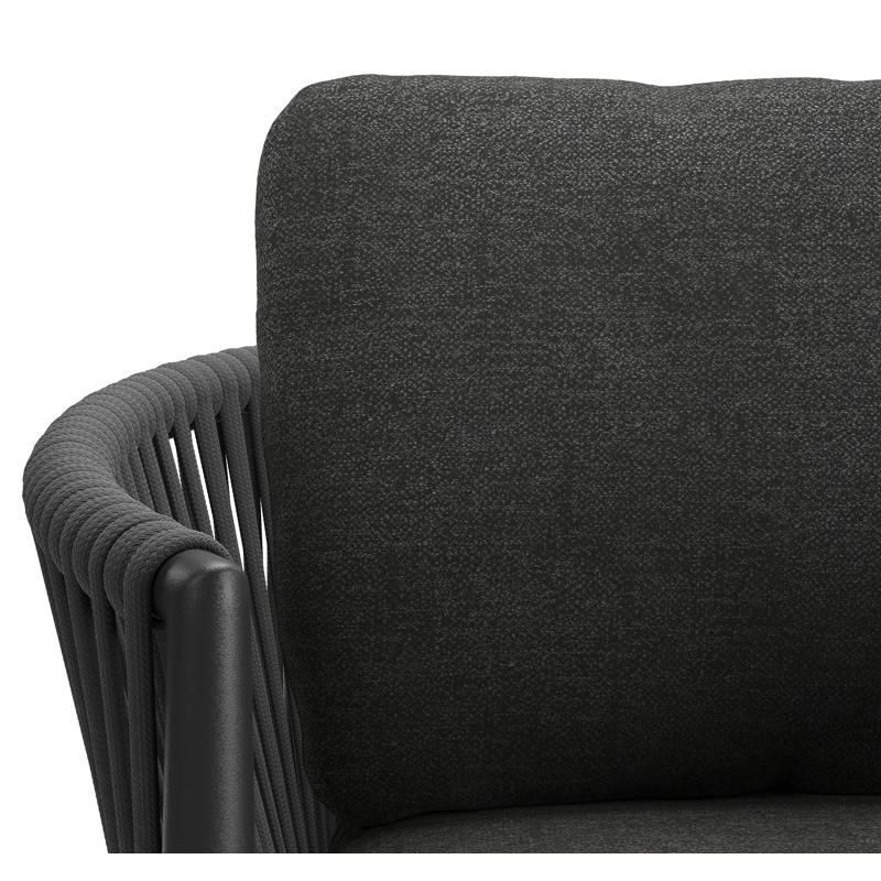 Organo tuinstoel in zwart aluminium en zwart verticaal geweven luxe vlakke rope met kussen in chartres sooty all weather sunbrella® luxe