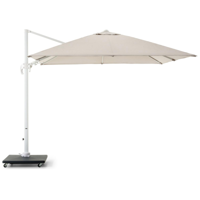 Avola zweefparasol met tiltfunctie in wit aluminium en Natte Graumel Chalk Sunbrella® Premium parasoldoek - L1 300 x L2 300 cm met Avola parasolvoet 90 kg