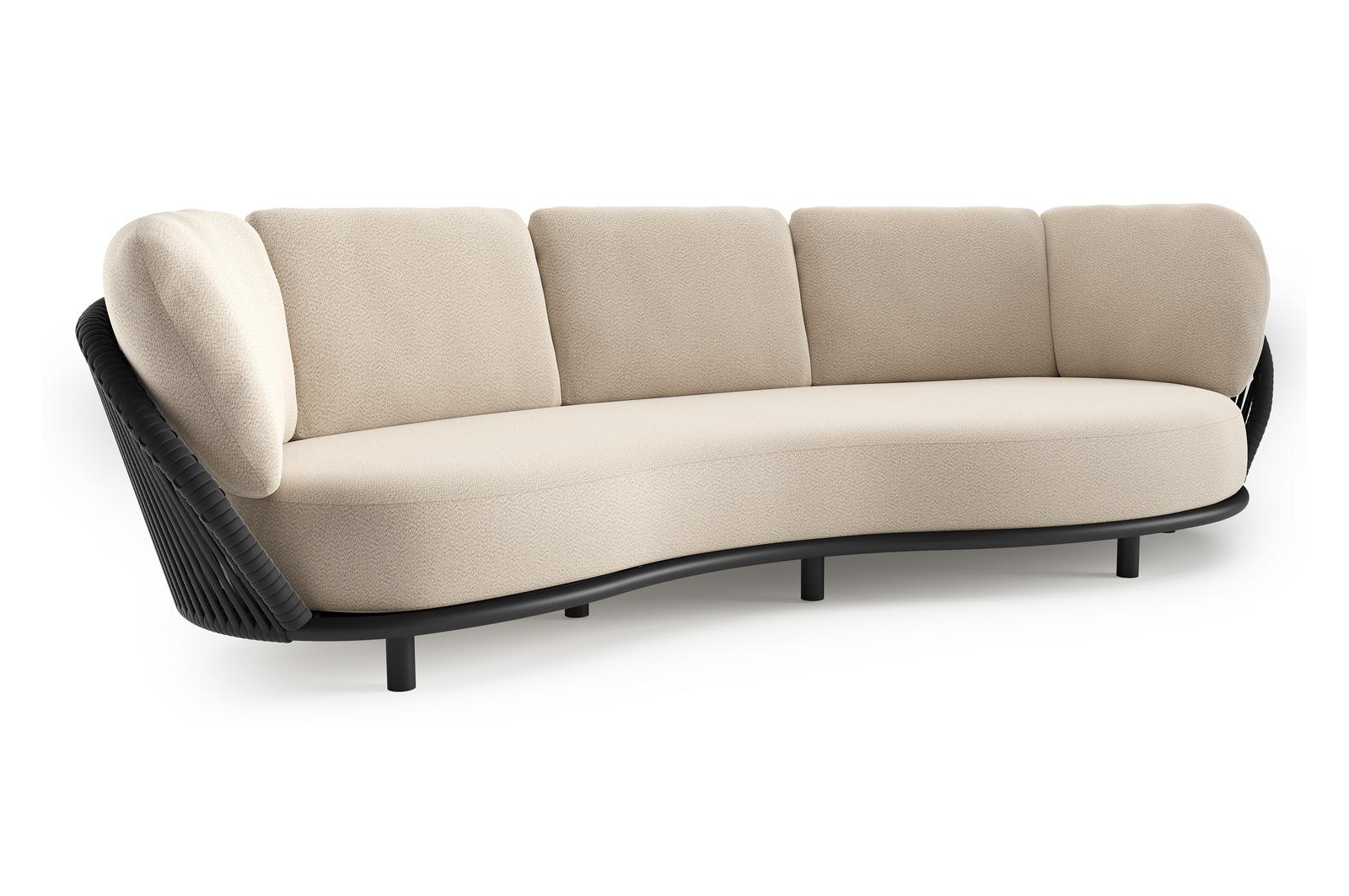 Lupino loungebank in zwart aluminium en zwart verticaal geweven luxe vlakke brede rope met lopi sand all weather sunbrella® luxe kussen